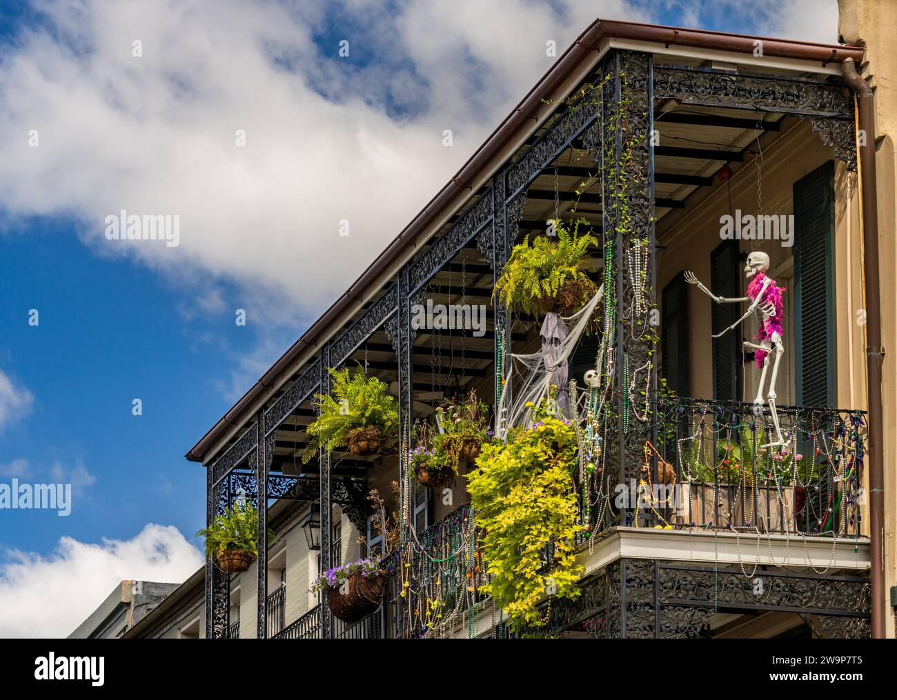 Halloween decorations on tradional New Orleans building in the French