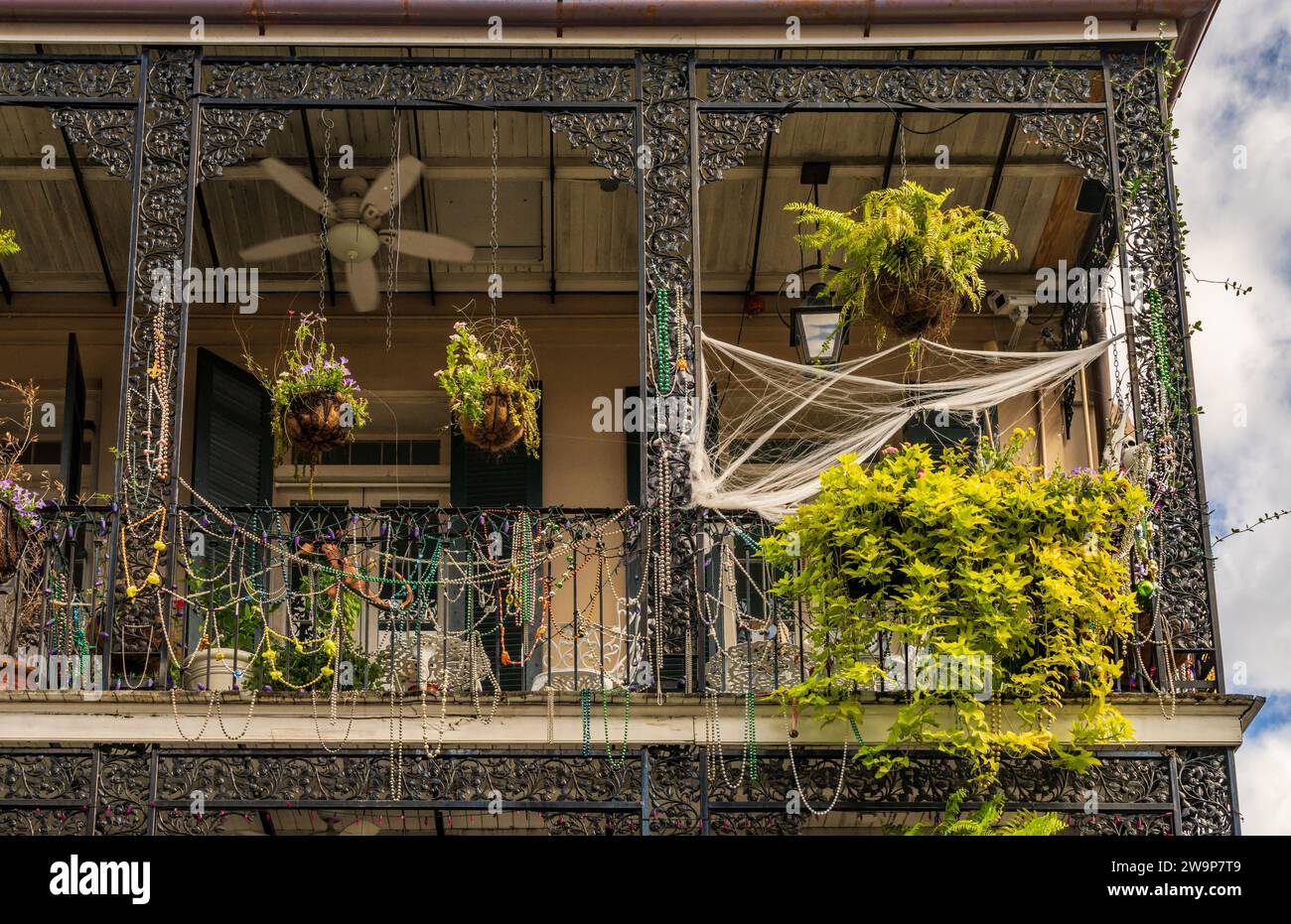 Halloween decorations on tradional New Orleans building in the French