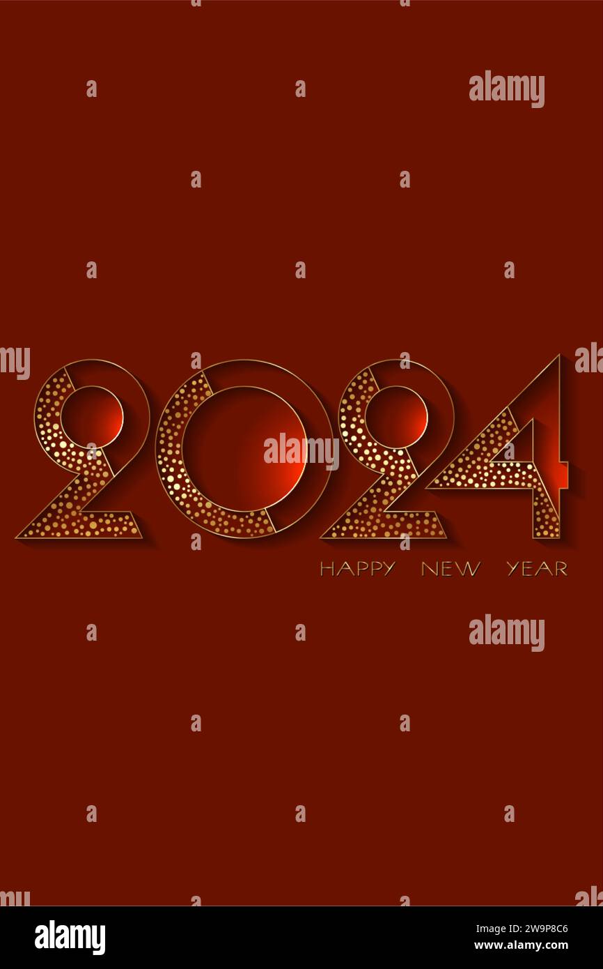 Happy New year 2024 gold foil modern numbers. Decorative greeting card in polka dots style. Luxury Creative Christmas banner, vector illustration Stock Vector