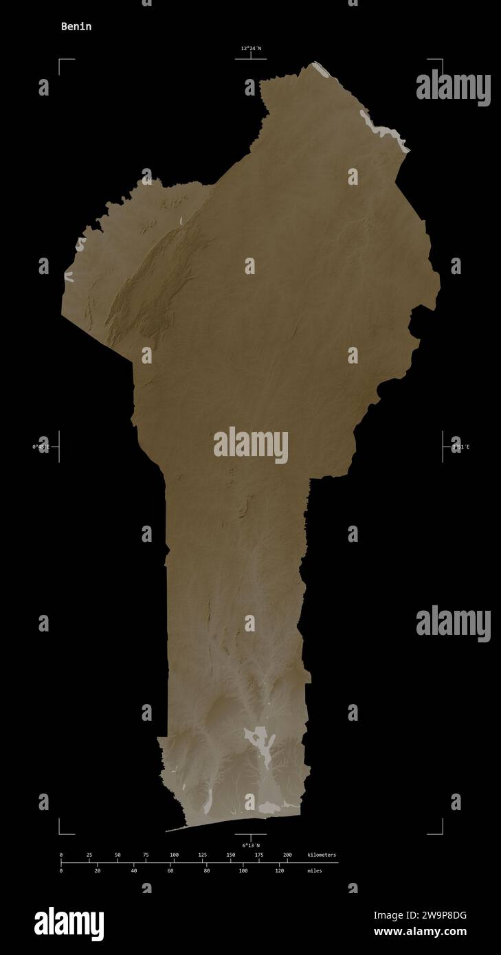 Benin map zoom border sepia hi res - Shape Of A Elevation Map Colored In Sepia Tones With Lakes And Rivers Of The Benin With Distance Scale And Map Border Coordinates Isolated On Black 2W9P8DG