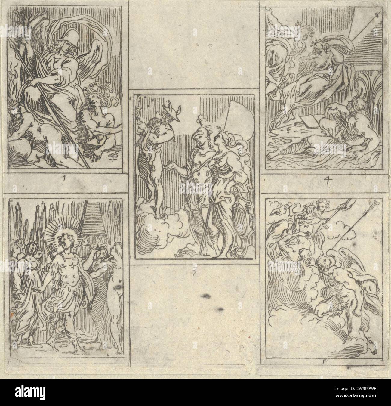 Five numbered scenes, each after a painter in the Accademia Degl'Incamminati, from IL FUNERALE D'AGOSTINO CARRACCIO FATTO IN BOLOGNA SUA PATRIA DAGL'INCAMINATI Academici del Disegno: 1. Virtue vanquishing Envy and Fortune, painted by Giulio Cesare Parigino; 2. Apollo and the Muses at the tomb of Agostino Carracci, painted by Luigi Valesio; 3. Mercury pointing to a constellation with the personification of Painting and that of the city of Bologna, Felsina, painted by Aurelio Benelli; 4. Personification of Painting being comforted by Poetry, and the personification of a river at right, painted b Stock Photo