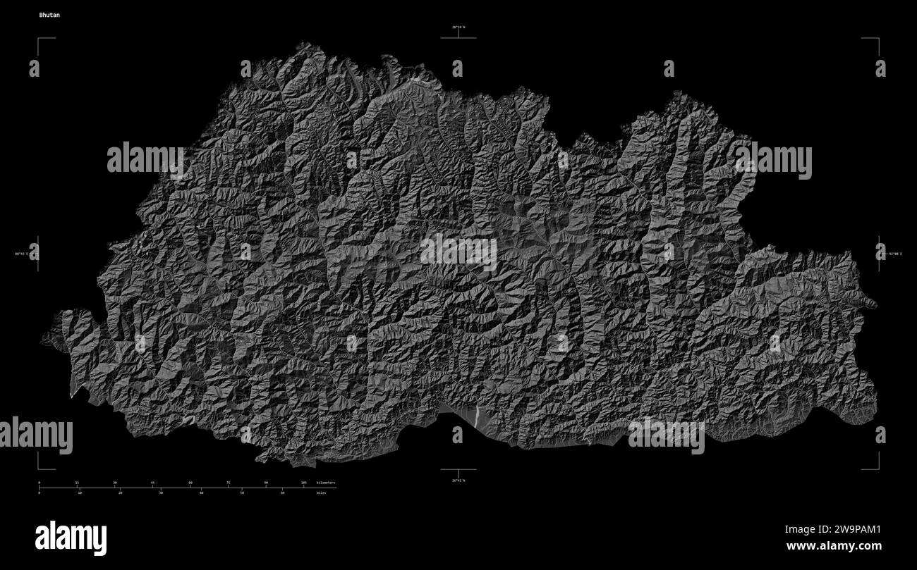 Shape of a Bilevel elevation map with lakes and rivers of the Bhutan, with distance scale and map border coordinates, isolated on black Stock Photo