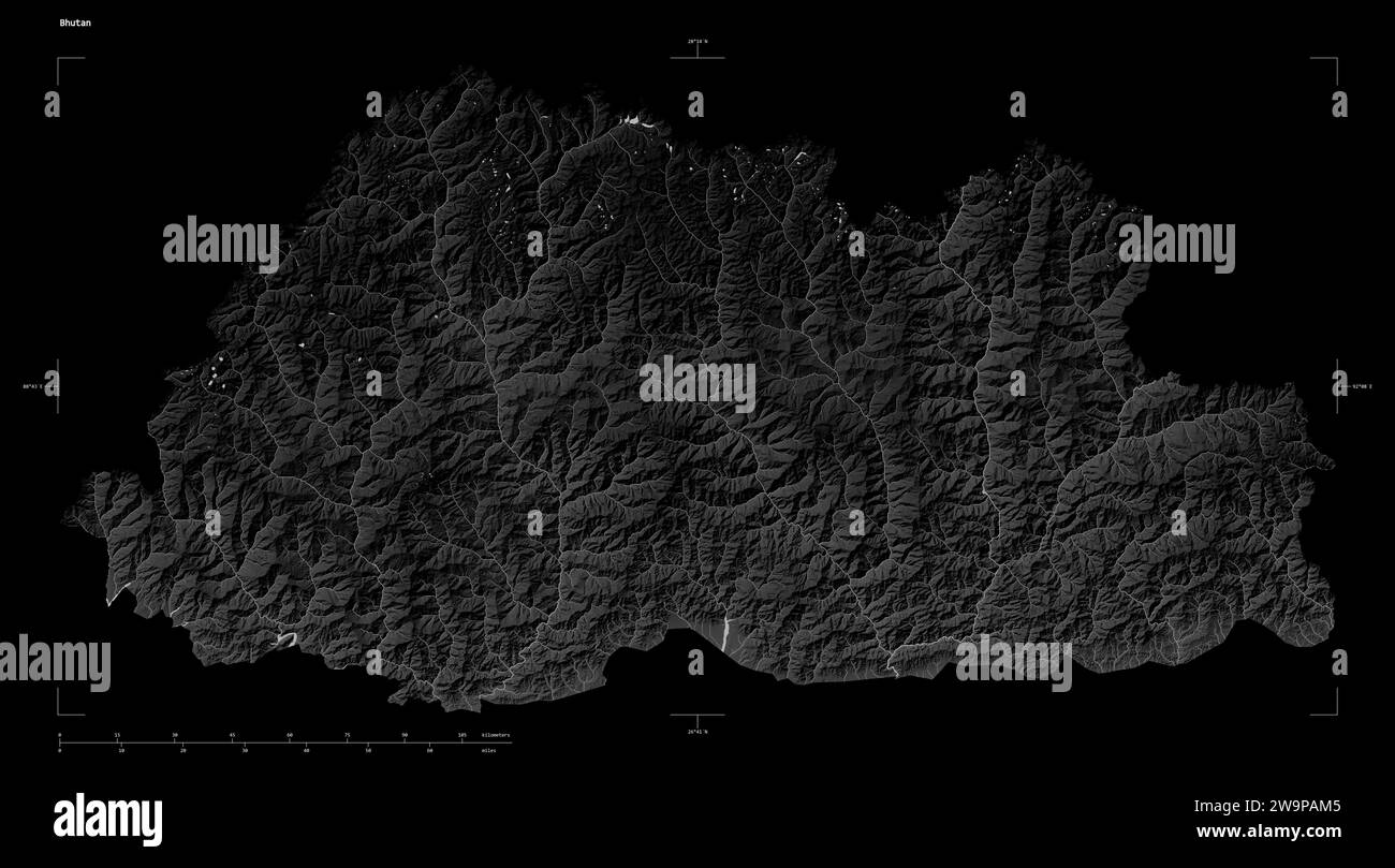 Shape of a Grayscale elevation map with lakes and rivers of the Bhutan, with distance scale and map border coordinates, isolated on black Stock Photo