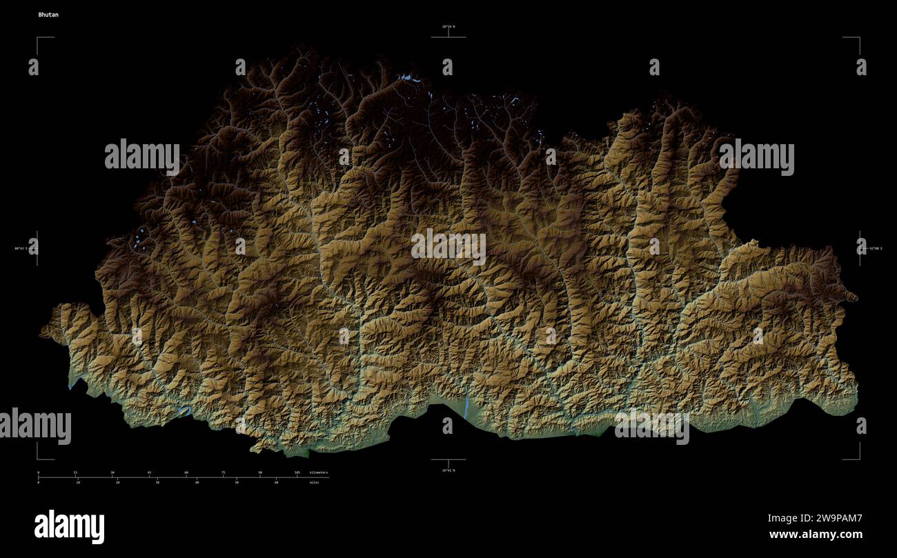 Bhutan map zoom border physical - Shape Of A Colored Elevation Map With Lakes And Rivers Of The Bhutan With Distance Scale And Map Border Coordinates Isolated On Black 2W9PAM7