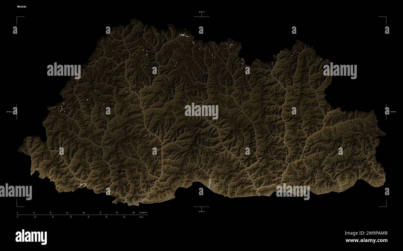 Bhutan map zoom border sepia hi res - Shape Of A Elevation Map Colored In Sepia Tones With Lakes And Rivers Of The Bhutan With Distance Scale And Map Border Coordinates Isolated On Black 2W9PAMB
