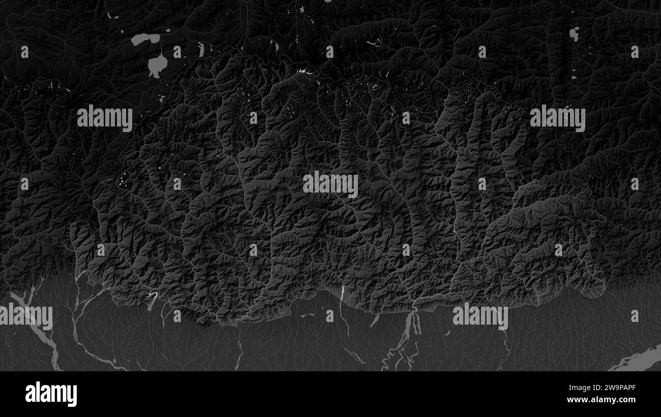 Bhutan highlighted on a Grayscale elevation map with lakes and rivers Stock Photo