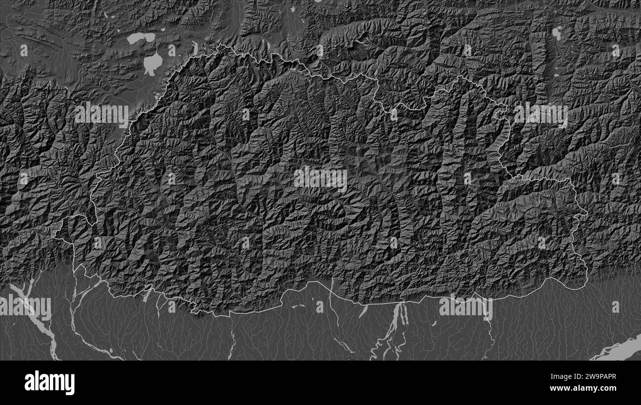 Bhutan outlined on a Bilevel elevation map with lakes and rivers Stock Photo