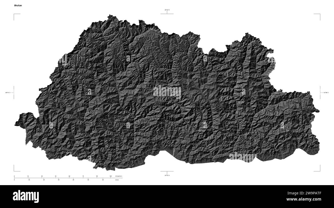 Shape of a Bilevel elevation map with lakes and rivers of the Bhutan, with distance scale and map border coordinates, isolated on white Stock Photo