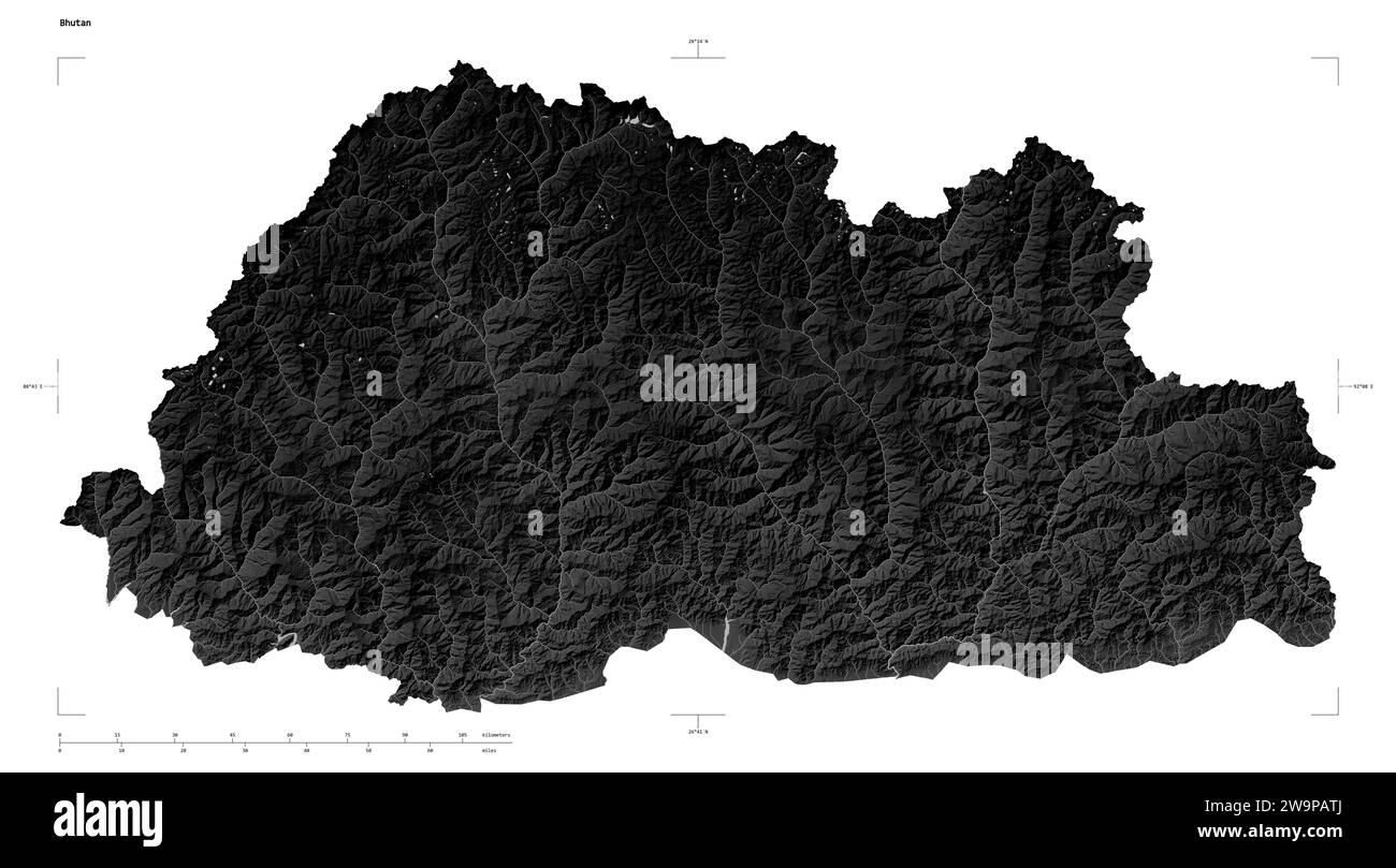 Shape of a Grayscale elevation map with lakes and rivers of the Bhutan, with distance scale and map border coordinates, isolated on white Stock Photo