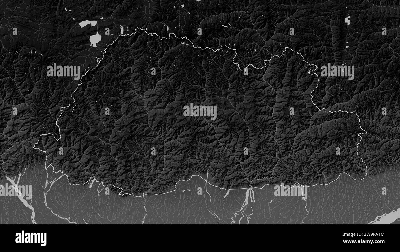Bhutan outlined on a Grayscale elevation map with lakes and rivers Stock Photo