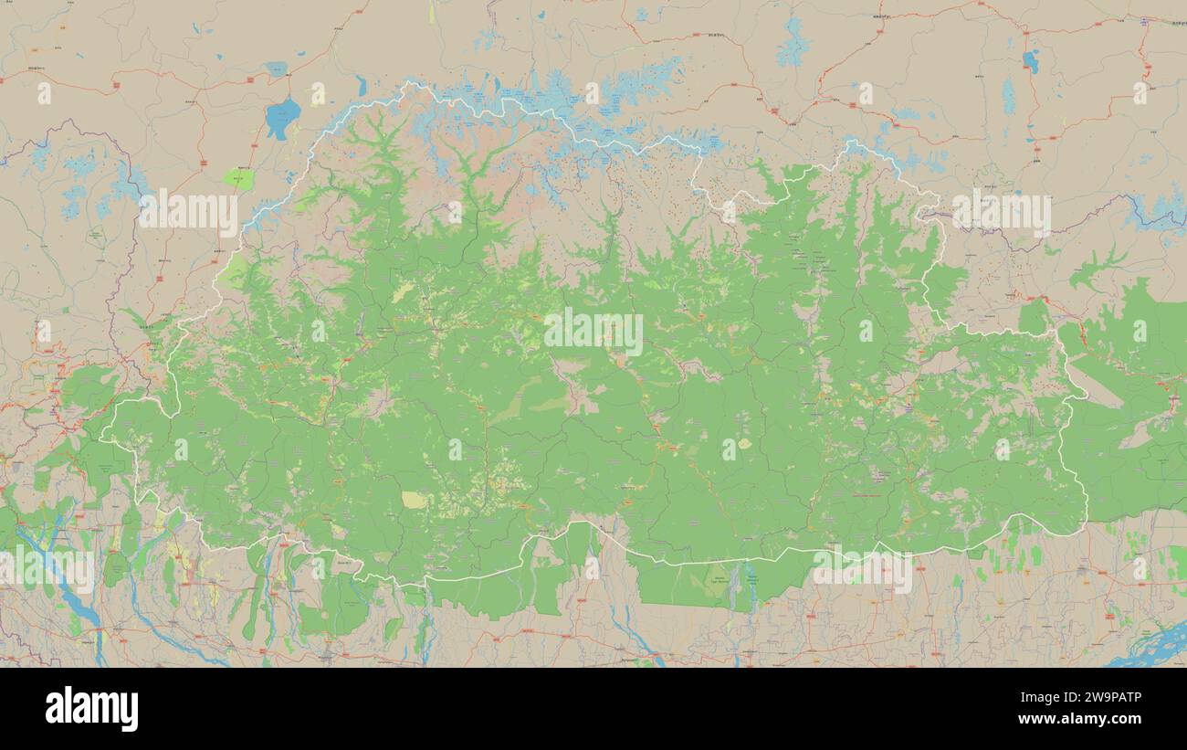 Bhutan outlined on a topographic, OSM standard style map Stock Photo