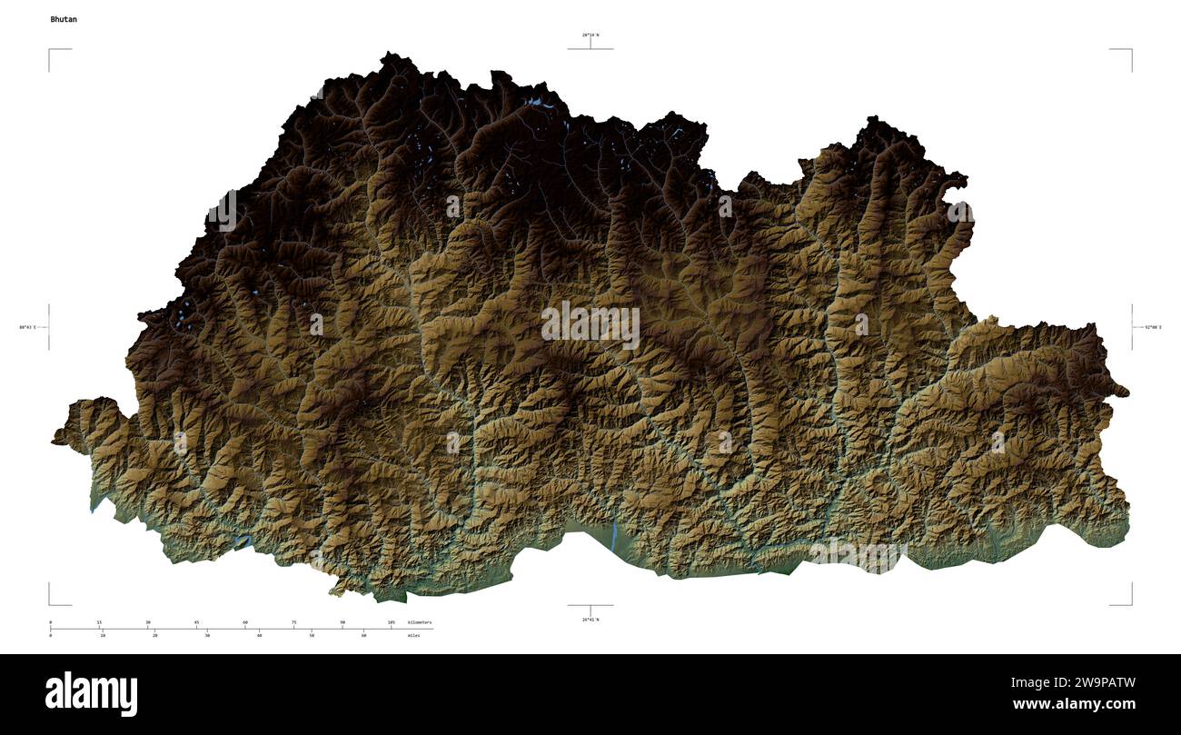 Bhutan map zoom border physical - Shape Of A Colored Elevation Map With Lakes And Rivers Of The Bhutan With Distance Scale And Map Border Coordinates Isolated On White 2W9PATW