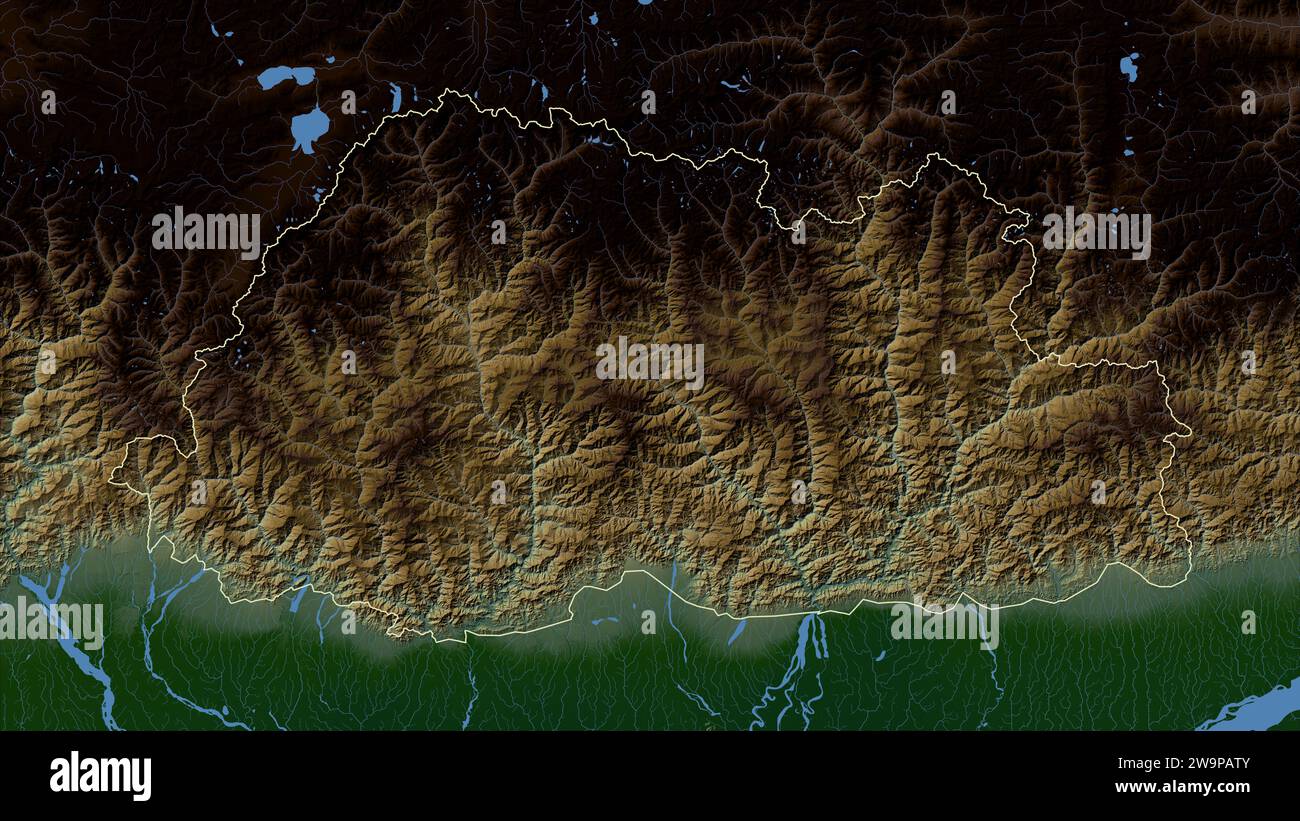 Bhutan map zoom border physical - Bhutan Outlined On A Colored Elevation Map With Lakes And Rivers 2W9PATY