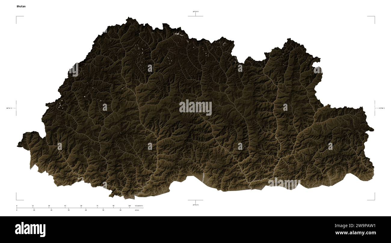 Bhutan map zoom border sepia hi res - Shape Of A Elevation Map Colored In Sepia Tones With Lakes And Rivers Of The Bhutan With Distance Scale And Map Border Coordinates Isolated On White 2W9PAW1