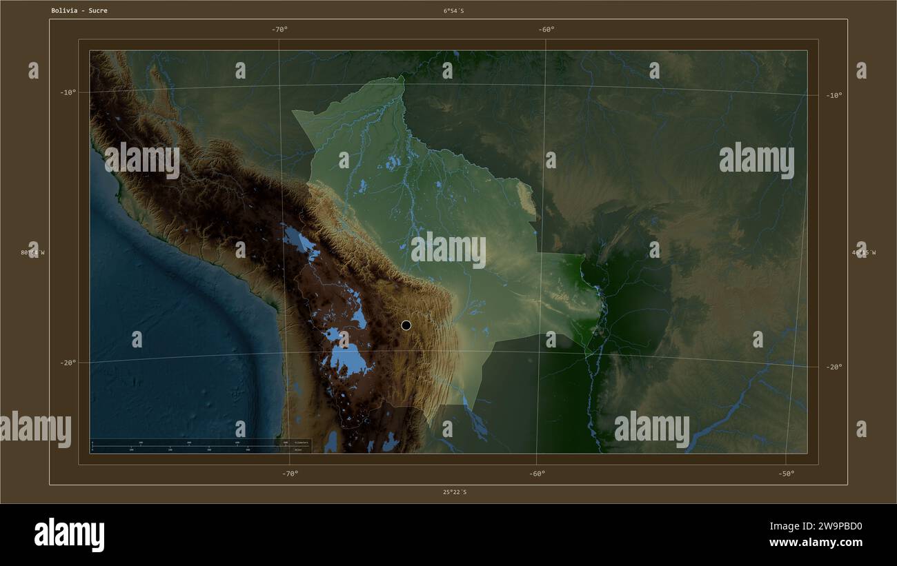 Bolivia map zoom border physical - Bolivia Highlighted On A Colored Elevation Map With Lakes And Rivers Map With The Countrys Capital Point Cartographic Grid Distance Scale And Map B 2W9PBD0