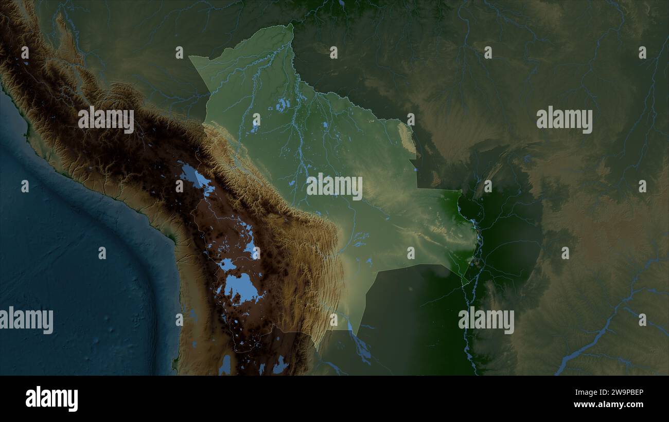 Bolivia map zoom border physical - Bolivia Highlighted On A Colored Elevation Map With Lakes And Rivers 2W9PBEP