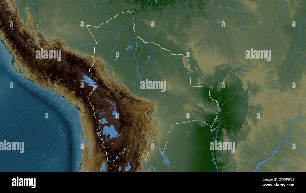 Bolivia map zoom border physical - Bolivia Outlined On A Colored Elevation Map With Lakes And Rivers 2W9PBG2