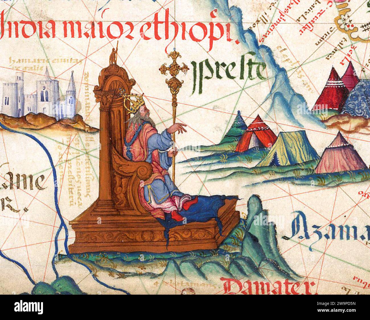 Prester John. Portion of a map of East Africa with the legendary Christian patriarch, Prester John, enthroned by Diogo Homem, c. 1559 Stock Photo