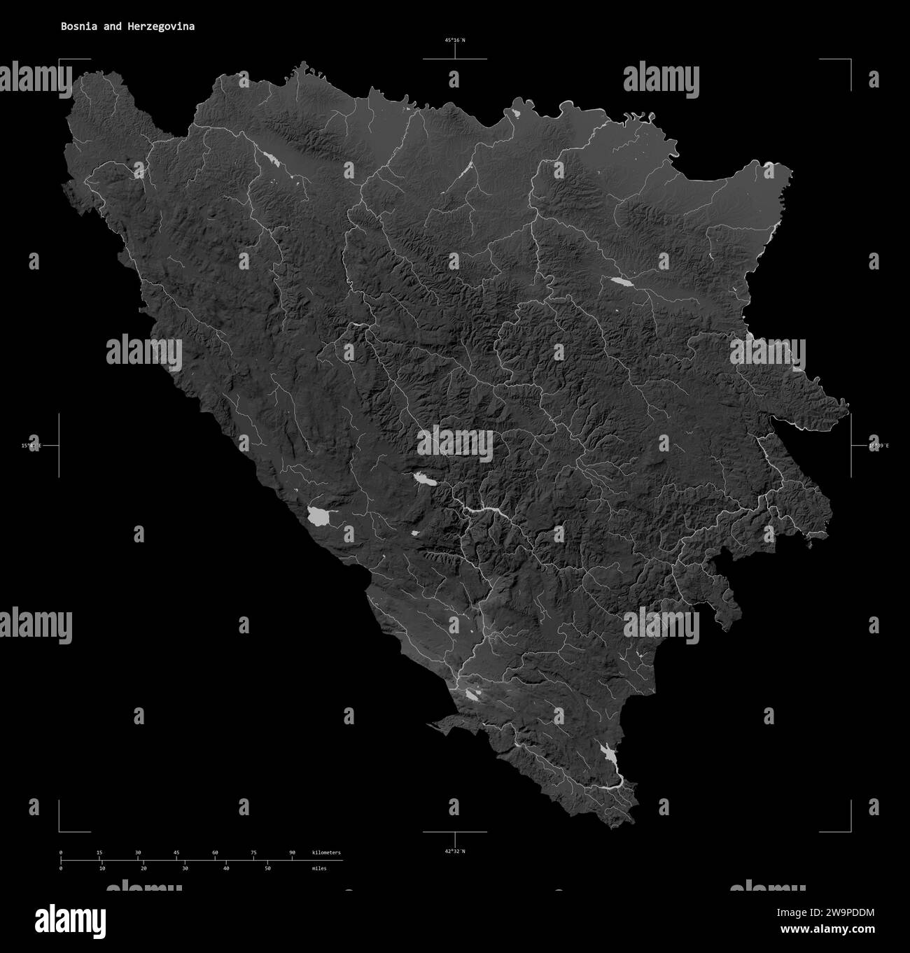 Shape of a Grayscale elevation map with lakes and rivers of the Bosnia and Herzegovina, with distance scale and map border coordinates, isolated on bl Stock Photo