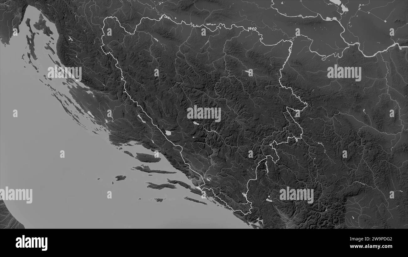 Bosnia and Herzegovina outlined on a Grayscale elevation map with lakes and rivers Stock Photo