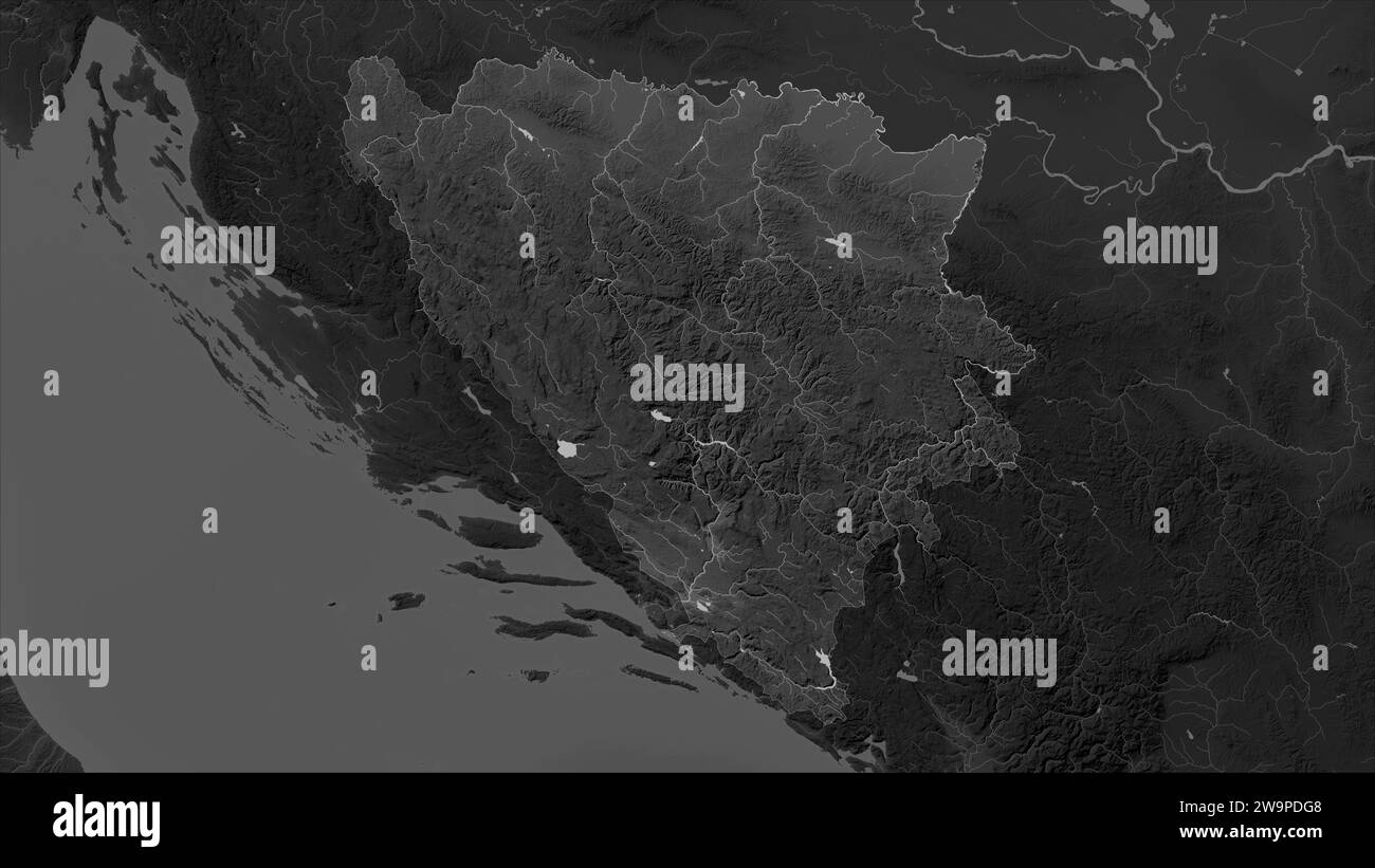 Bosnia and Herzegovina highlighted on a Grayscale elevation map with lakes and rivers Stock Photo