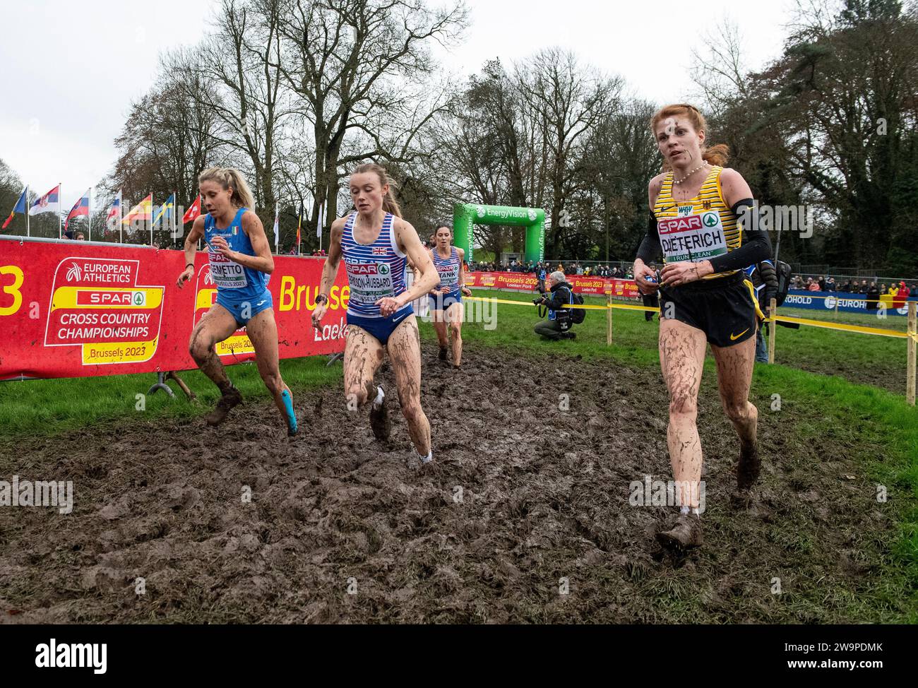 Valentina Gemetto, Niamh Bridson-Hubbard and Eva Dieterich  competing in the senior women’s race at the SPAR European Cross Country Championships, Lae Stock Photo