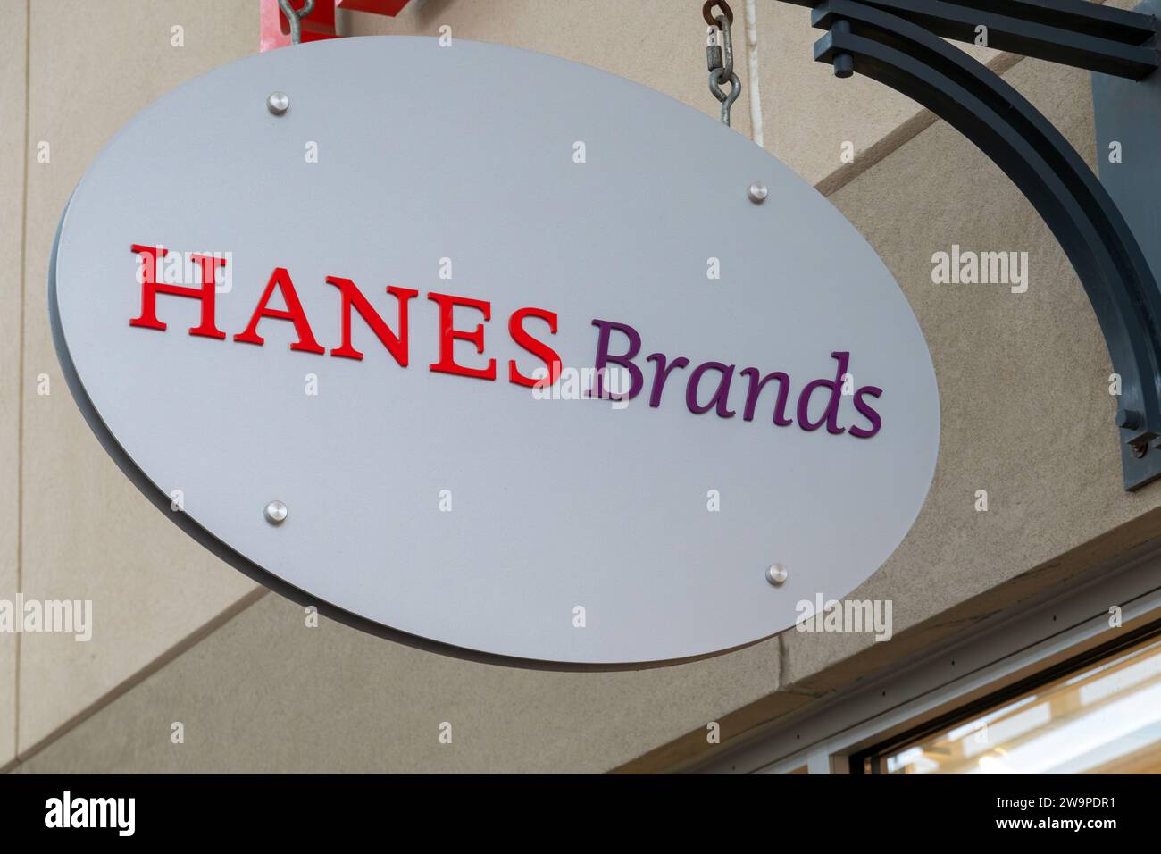 EAGAN, MN, USA - DECEMBER 26, 2023: Hanes Brands store exterior and trademark logo. Stock Photo