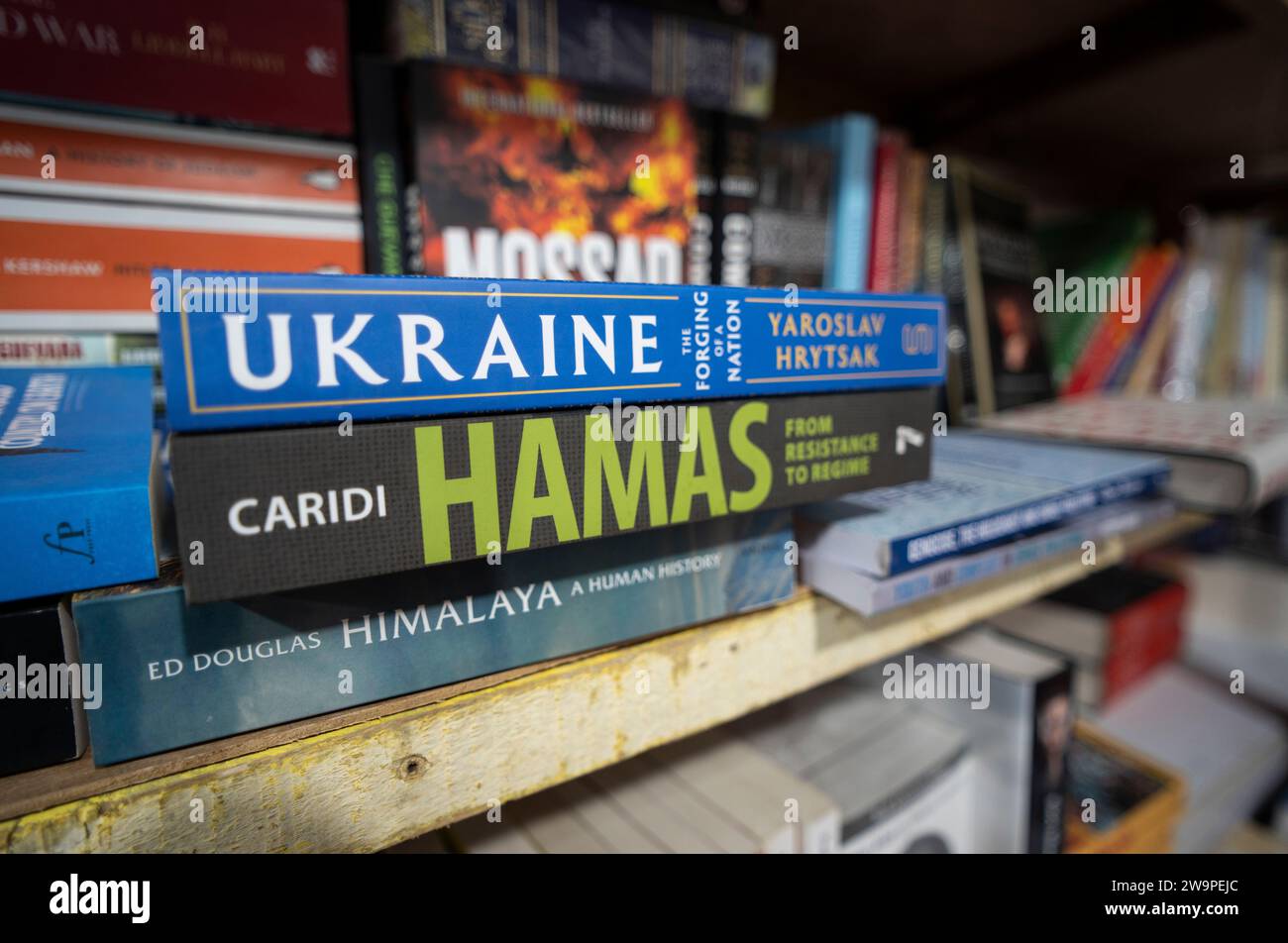 Books on Ukraine, Hamas, etc. displayed for sell, at a stall during