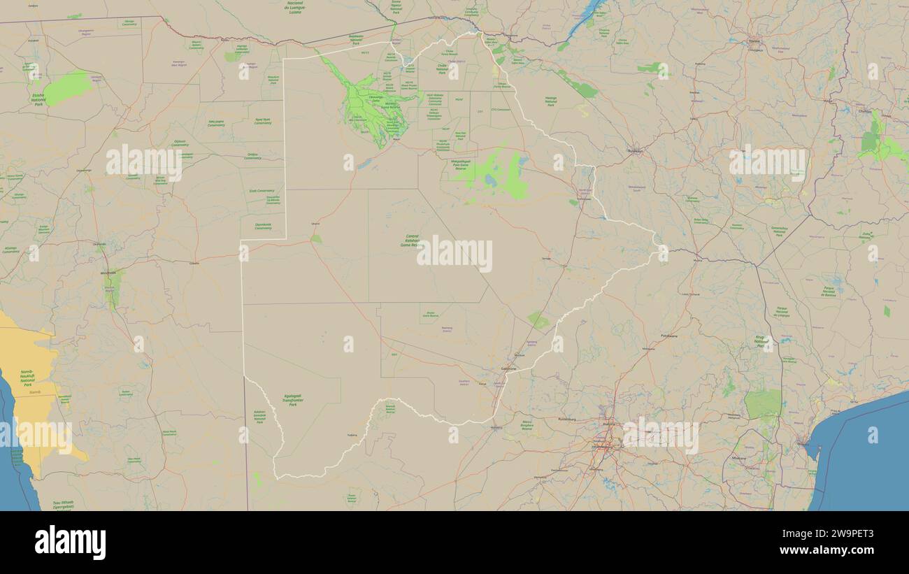 Botswana outlined on a topographic, OSM standard style map Stock Photo ...