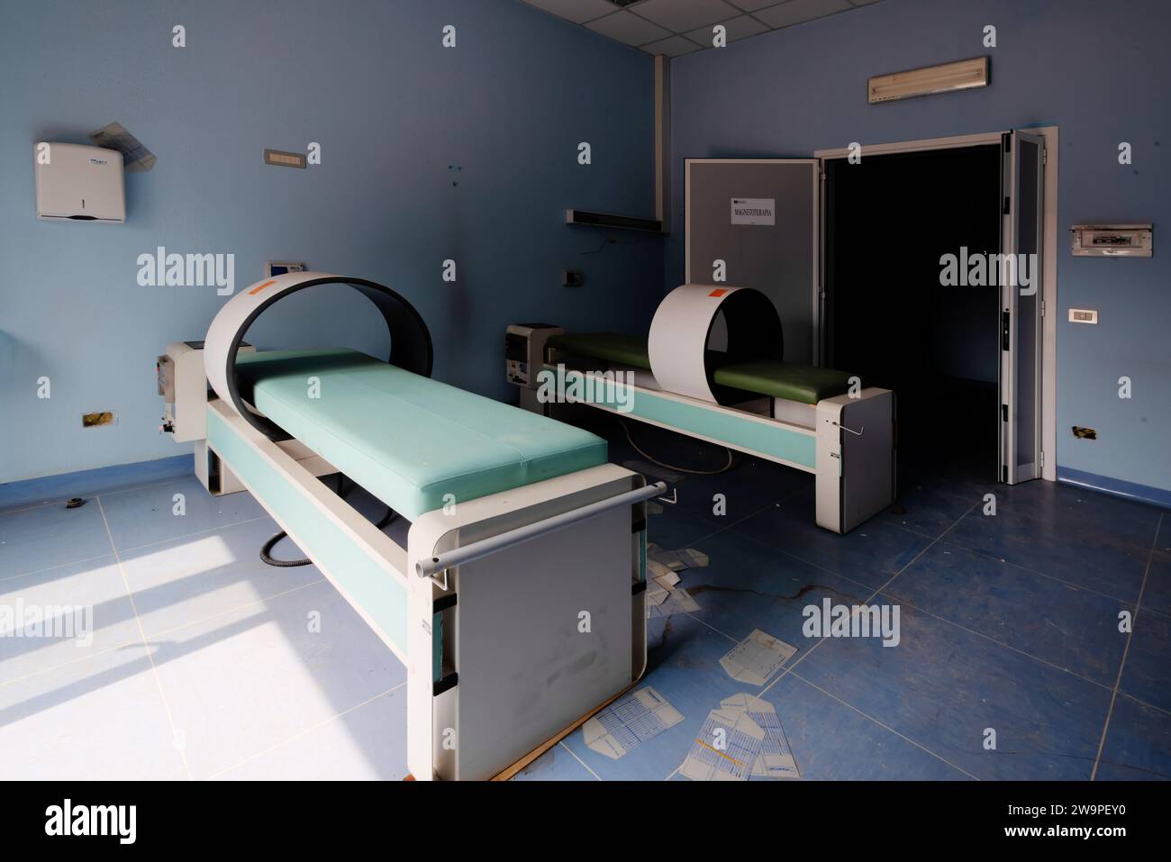 December 10, 2023, Room of an abandoned hospital, with beds and medical equipment. URBEX Stock Photo