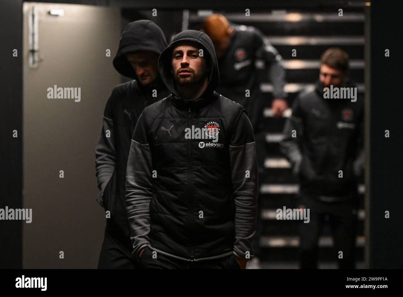Owen Dale of Blackpool arrives ahead of the Sky Bet League 1 match Port