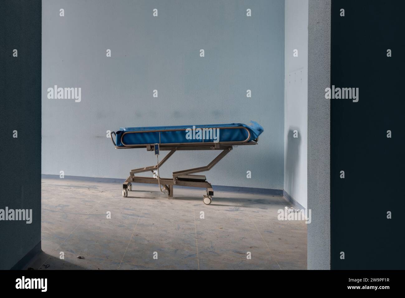 December 10, 2023, Room of an abandoned hospital, with beds and medical equipment. URBEX Stock Photo