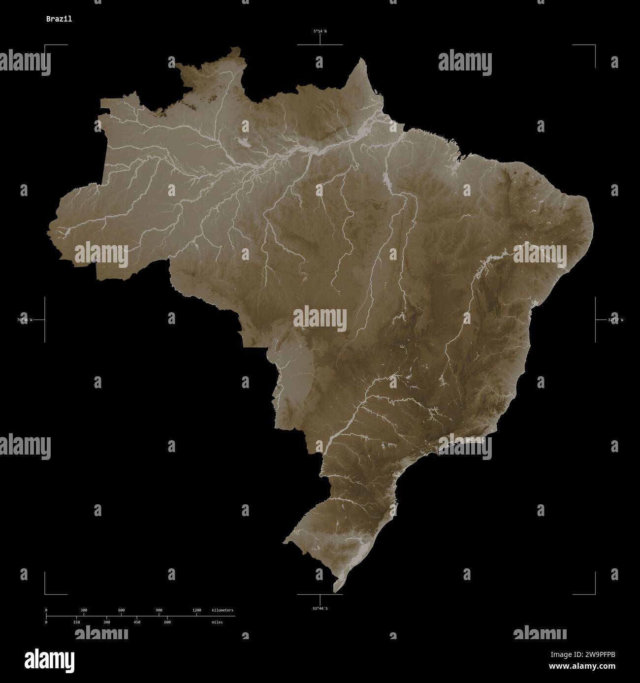 Brazil map solid border sepia hi res - Shape Of A Elevation Map Colored In Sepia Tones With Lakes And Rivers Of The Brazil With Distance Scale And Map Border Coordinates Isolated On Black 2W9PFPB
