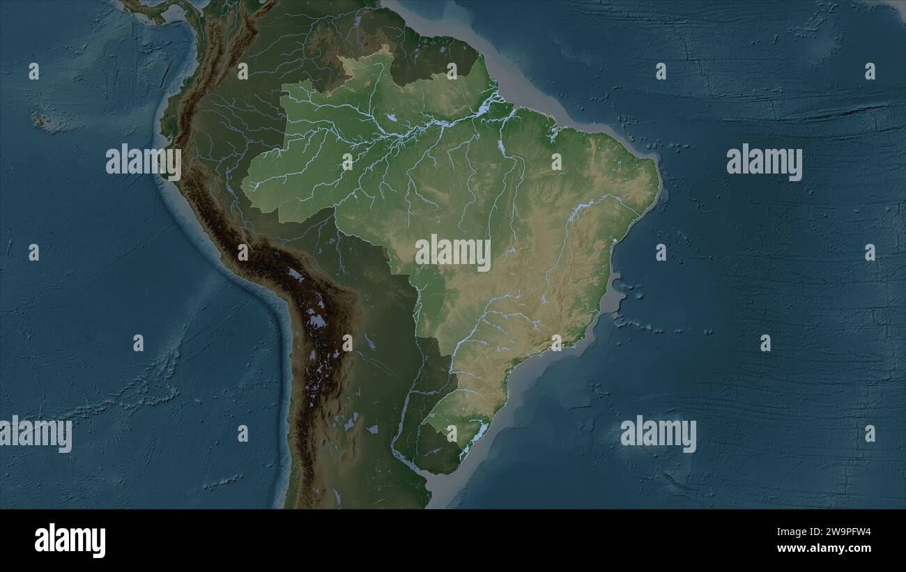 Brazil highlighted on a Pale colored elevation map with lakes and ...