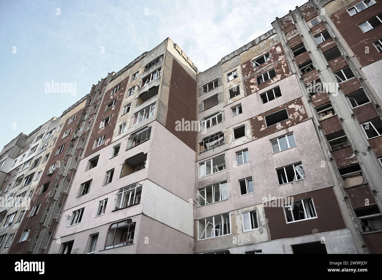 Apartment building partially destroyed after a Russian missile strike in city of Lviv. War in Ukraine Stock Photo