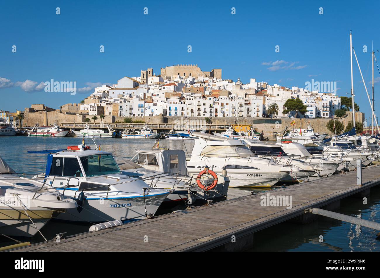 Peniscola harbor with the castle and the walled precinct in the background, Castellon, Spain Stock Photo