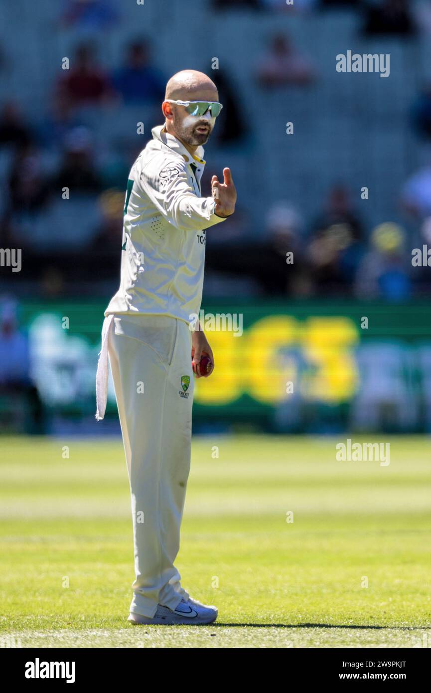 Melbourne, Australia, 29 December, 2023. Nathan Lyon of Australia sets