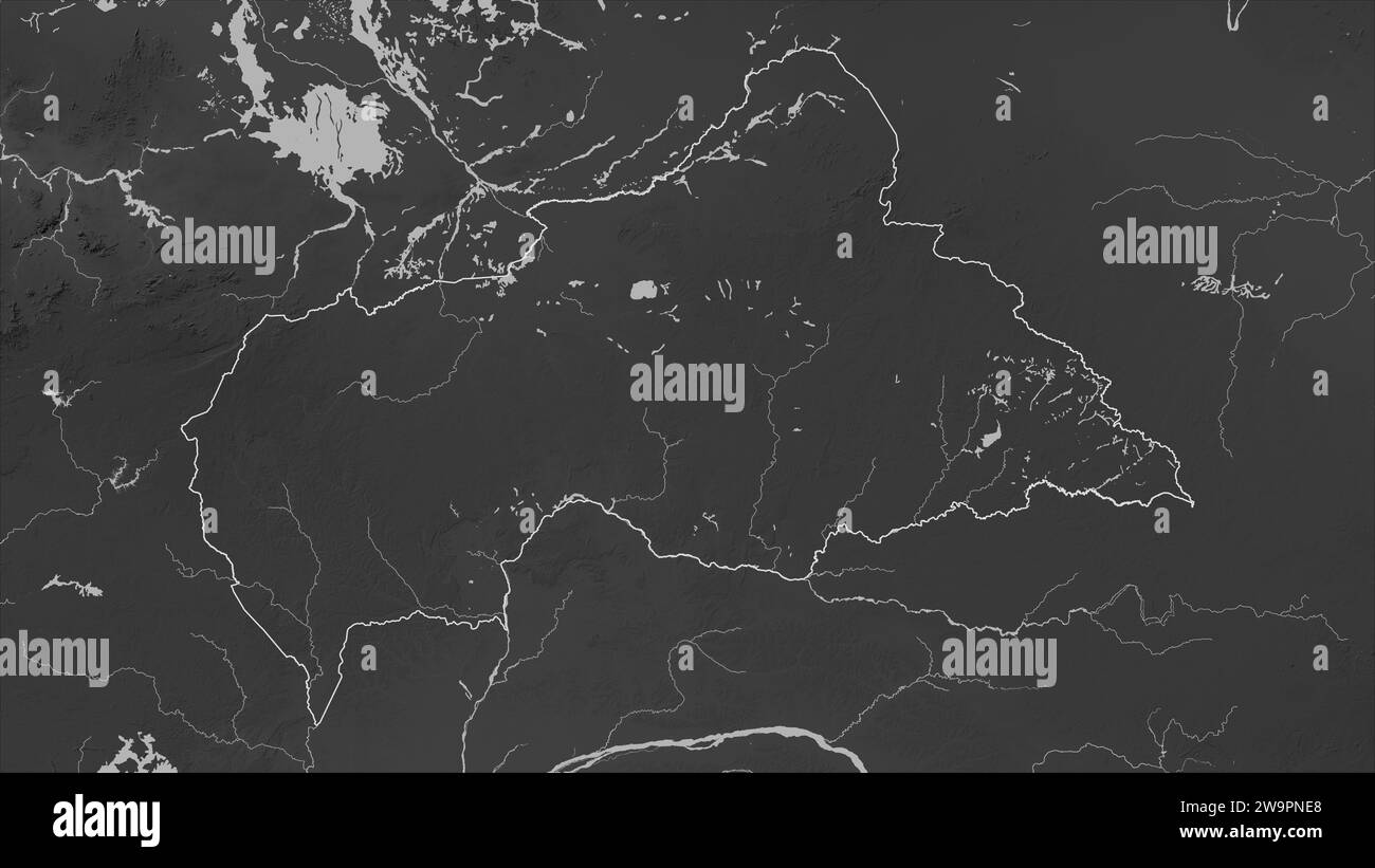 Central African Republic outlined on a Grayscale elevation map with