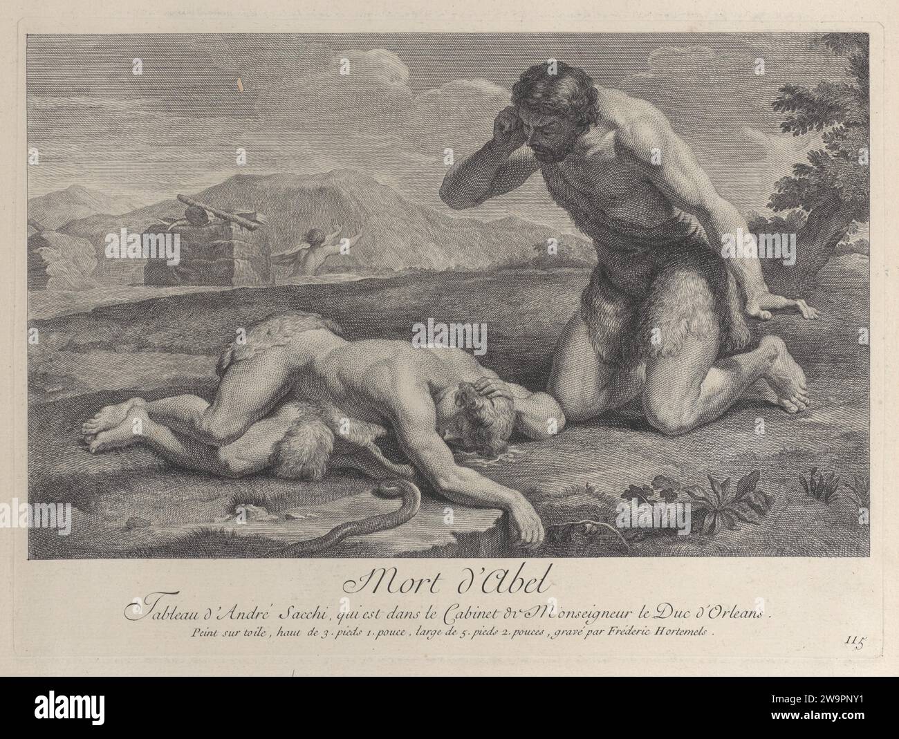 Adam kneels in grief beside the body of Abel, while Cain flees in the ...