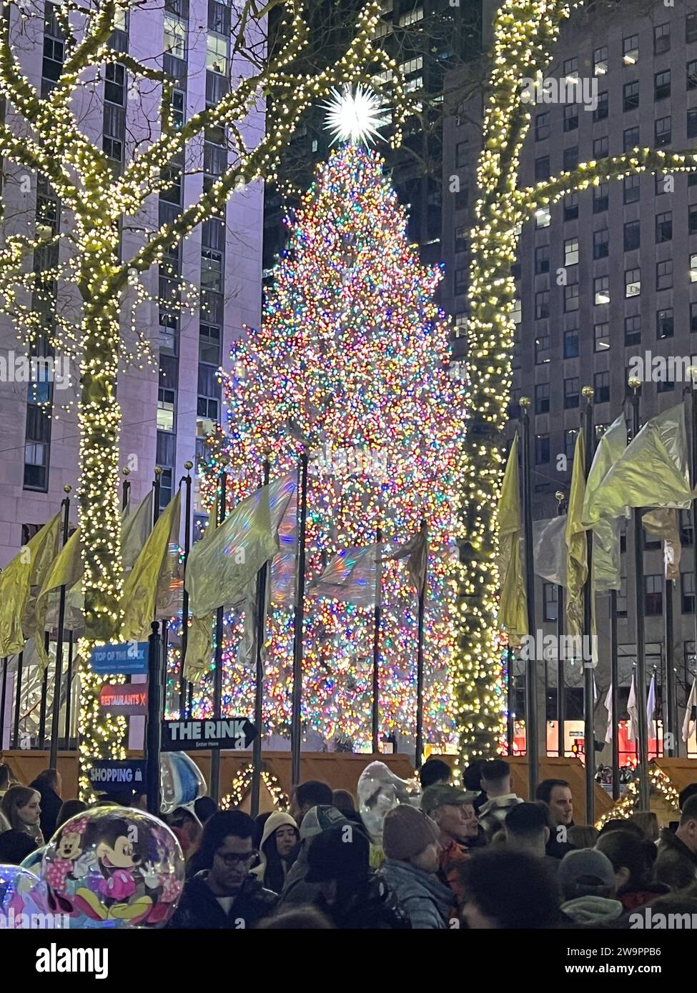 Lit up Christmas Tree at Rockefeller Center in New York City. Stock Photo