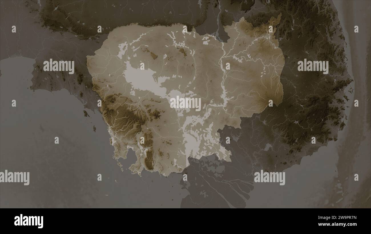 Cambodia map zoom border sepia - Cambodia Highlighted On A Elevation Map Colored In Sepia Tones With Lakes And Rivers 2W9PR7N