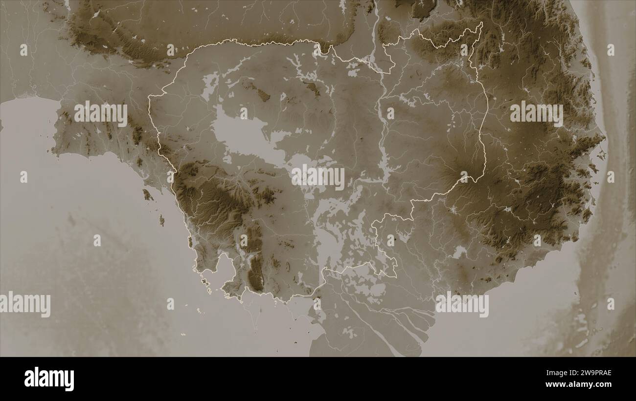 Cambodia map zoom border sepia - Cambodia Outlined On A Elevation Map Colored In Sepia Tones With Lakes And Rivers 2W9PRAE