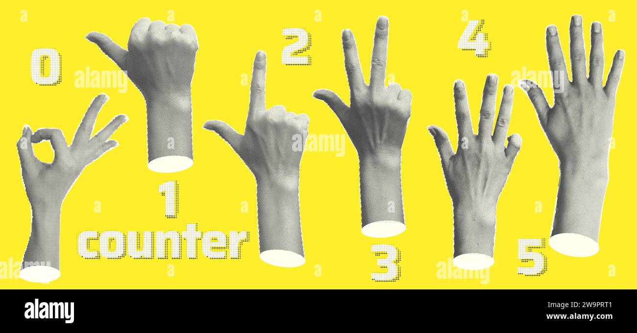 Set halftone statue hands showing gestures counting from zero to five