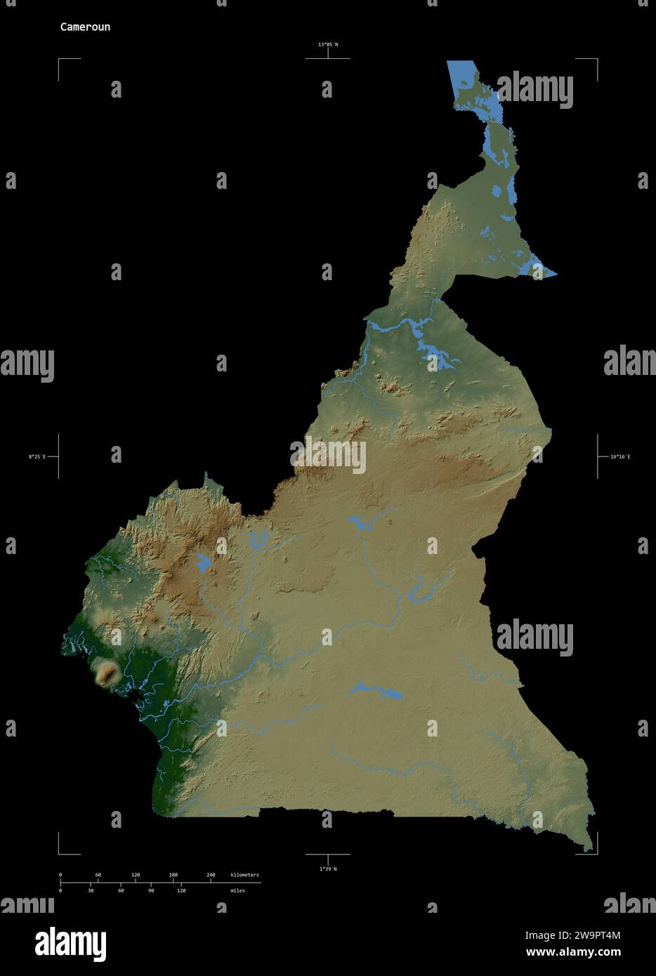 Shape of a Colored elevation map with lakes and rivers of the Cameroun ...