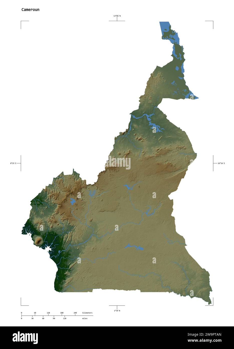 Shape of a Colored elevation map with lakes and rivers of the Cameroun ...