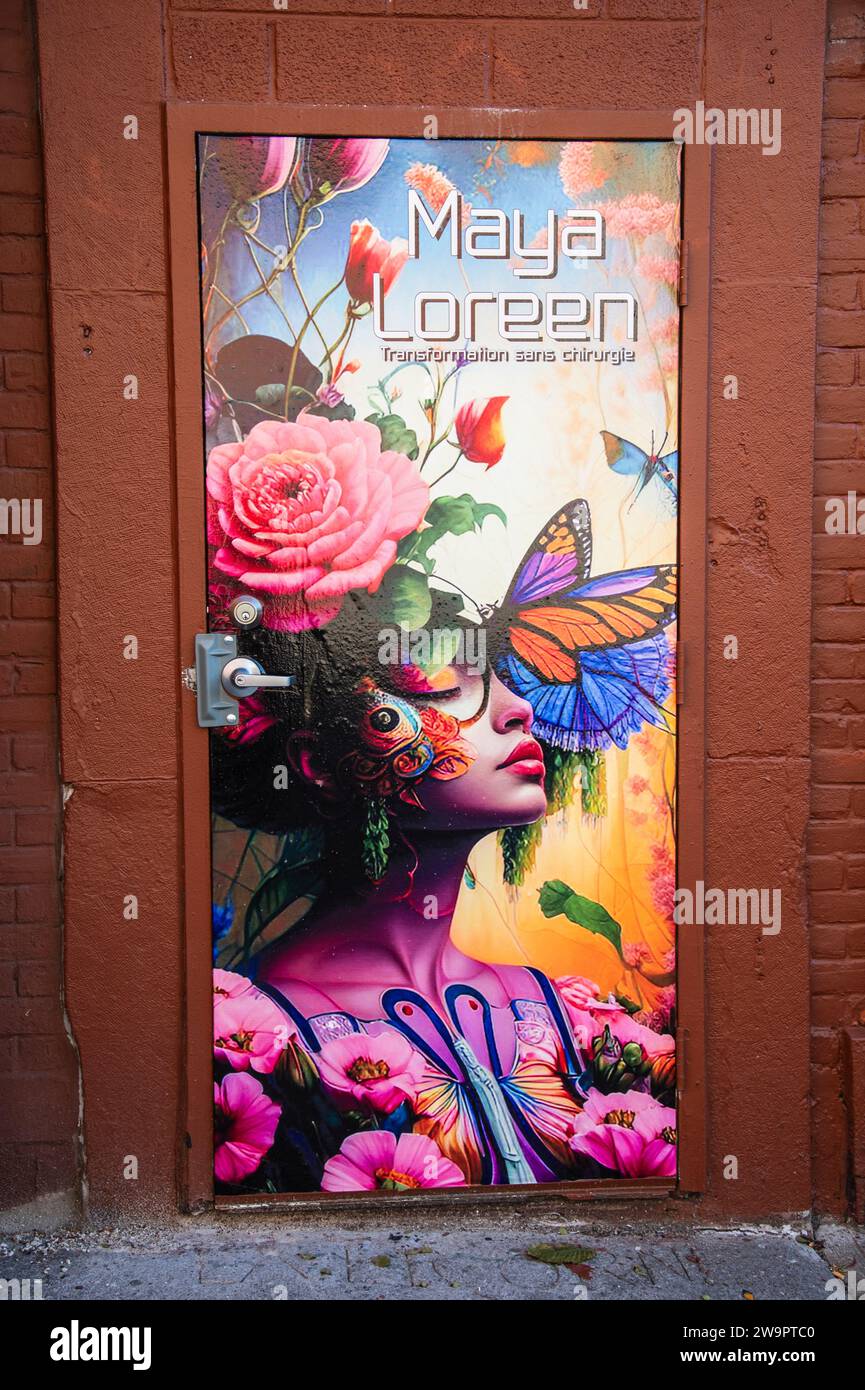 Maya Loreen spa mural in downtown Montreal, Quebec, Canada Stock Photo