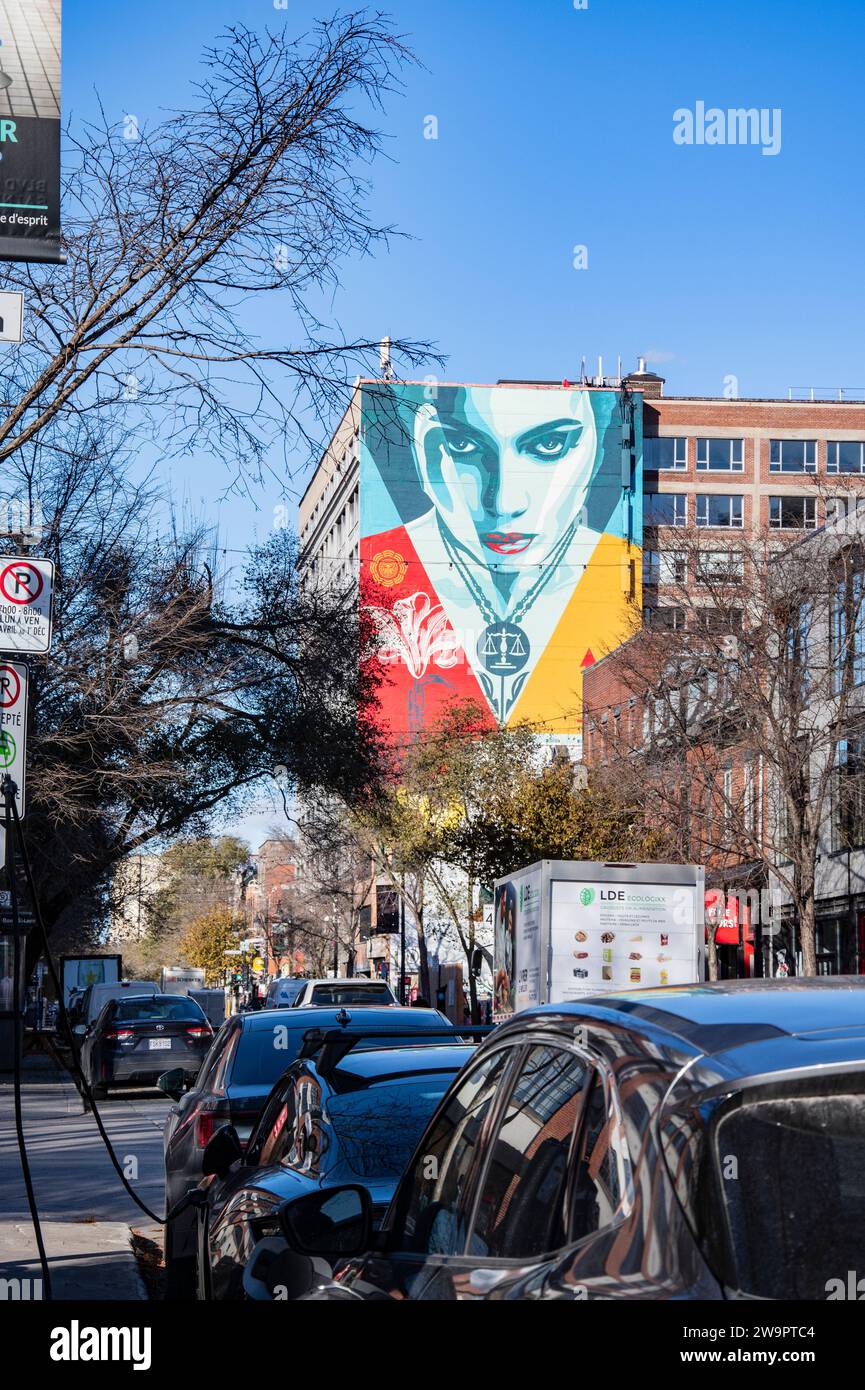 Portrait of a woman mural in downtown Montreal, Quebec, Canada Stock Photo