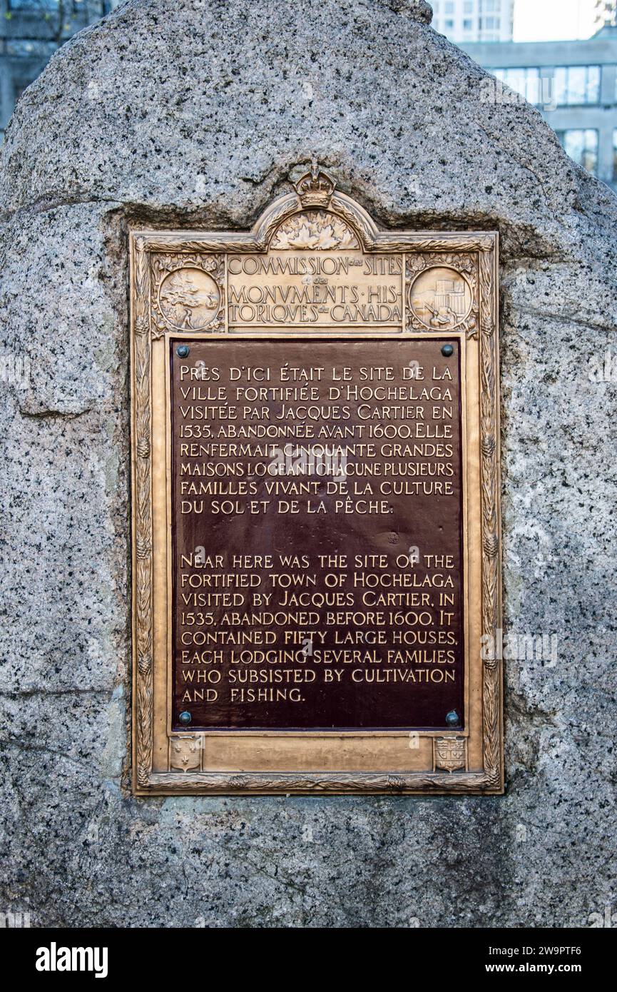 Plaque commemorating site of the town of Hochelaga at McGill University campus in downtown Montreal, Quebec, Canada Stock Photo