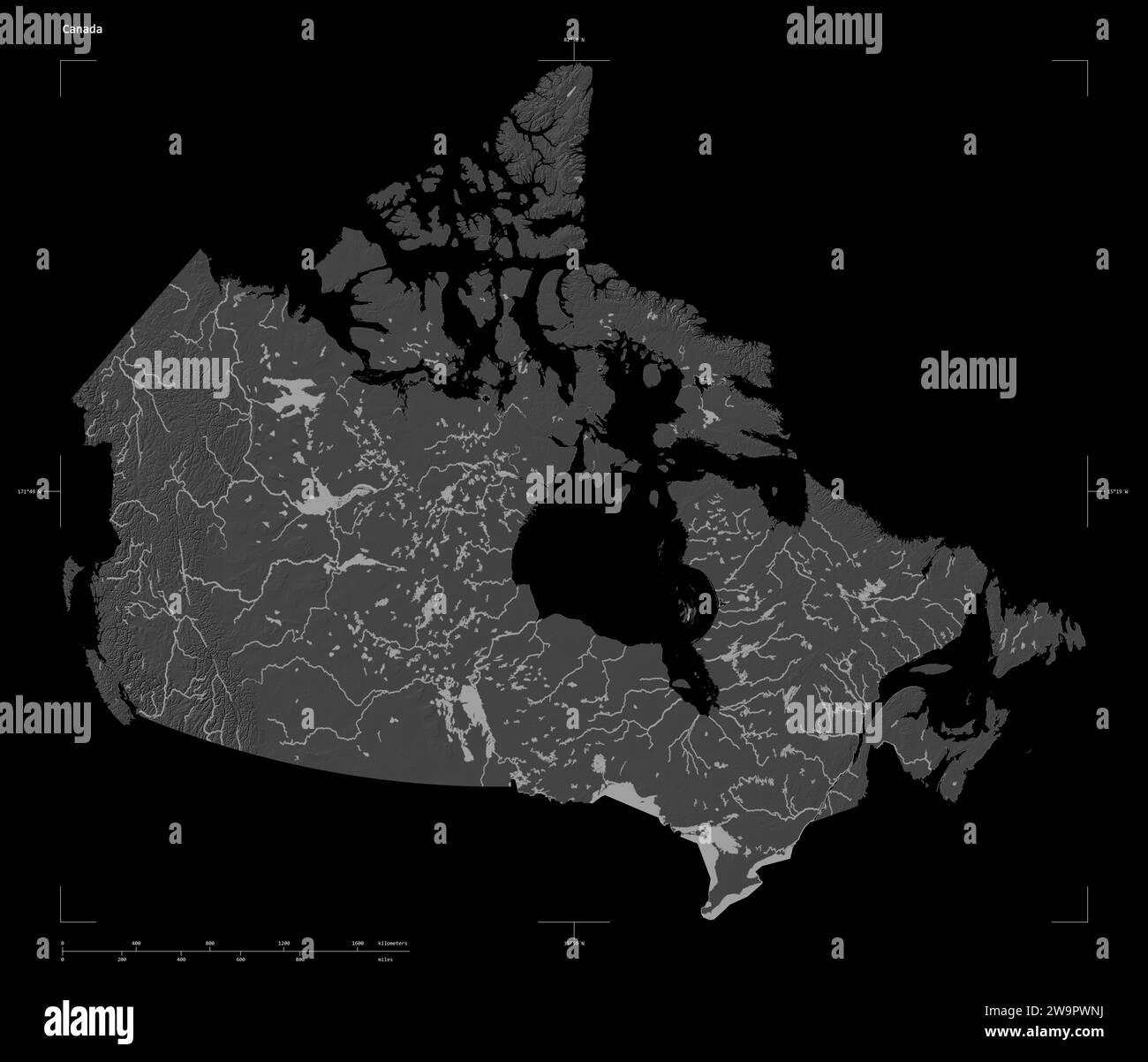 Shape of a Bilevel elevation map with lakes and rivers of the Canada ...