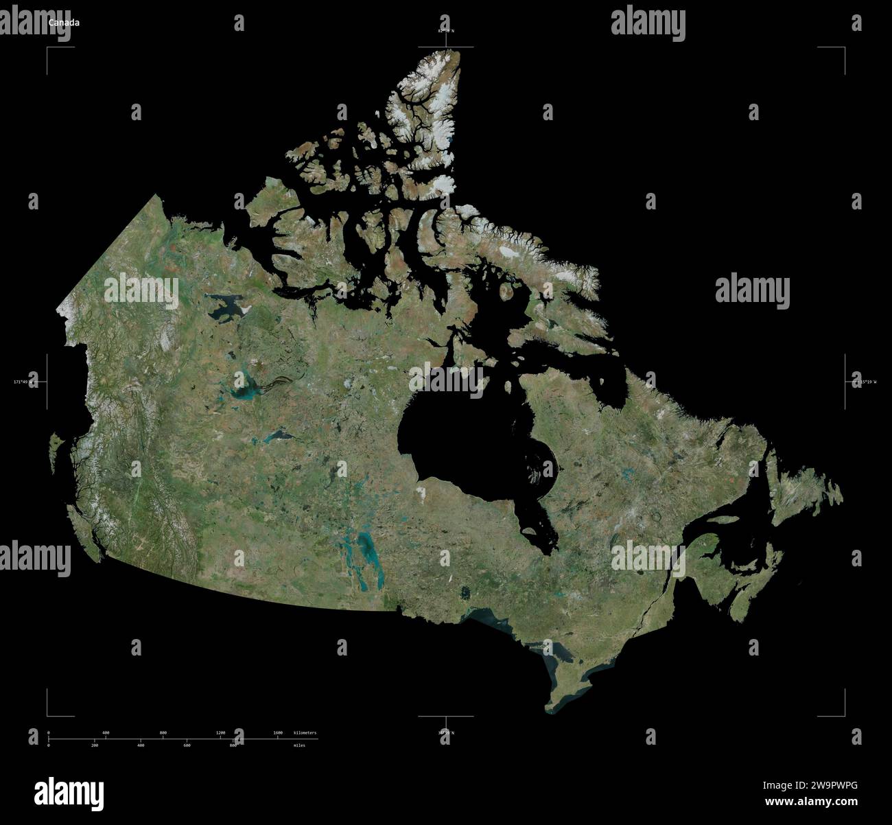 Shape of a high resolution satellite map of the Canada, with distance